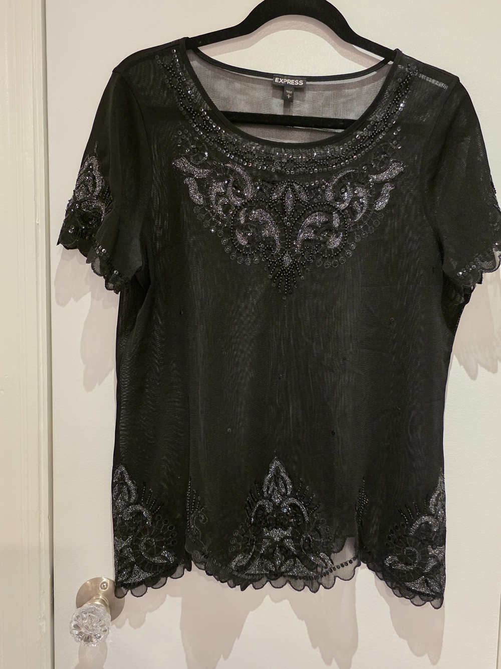 Express Black Sheer Sequin Embellished Lace Top - L